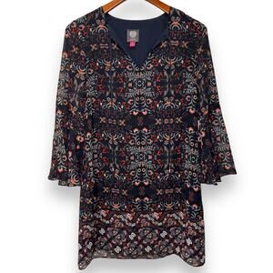 Vince Camuto Floral Chiffon Bell Sleeve Shift Dress Size 4 Notched V Neck